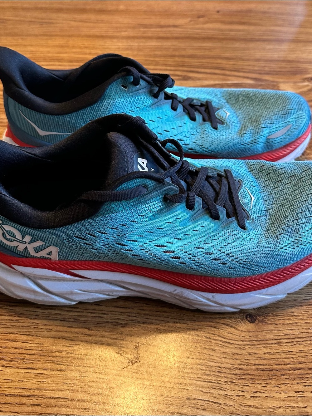 Hoka Clifton 8 Teal, Black and Red Cushioned Running Shoes